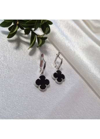 Серебряные серьги с подвеской Клевер с Ониксом серебро 925 пробы Родированное 2949/1мр 4,37г Nobrand (373031695)