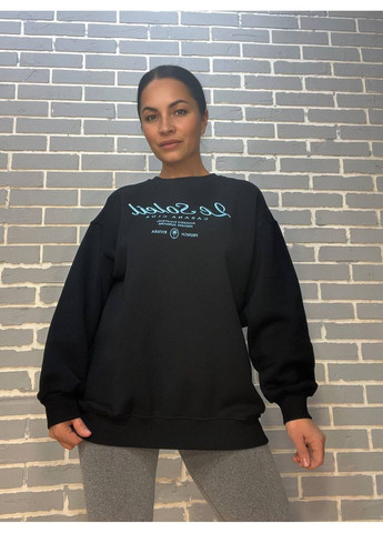 Чорний світшот жіночий 24-03 оверсайз подовжений напис вишивка попереду утеплений чорний PEPPER MINT (312551266)