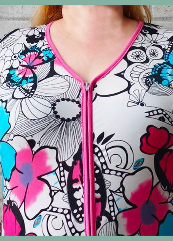 Халат женский для лета на молнии с коротким рукавом, (норма батал) с поясом, ткань холодок масло белый в цветы No Brand (328939376)