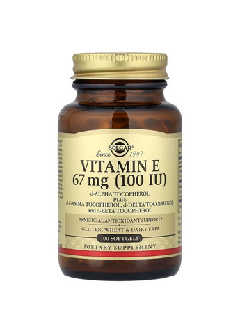Витамин Е, 67 мг (100 IU), d-Alpha Tocopherol & Mixed Tocopherols,, 100 желатиновых капсул Solgar (326054284)