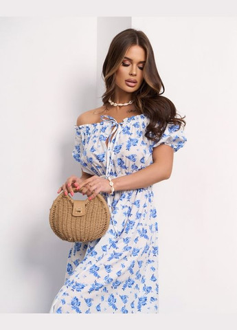 Білий повсякденний сукні з відкритими плечима ISSA PLUS з квітковим принтом