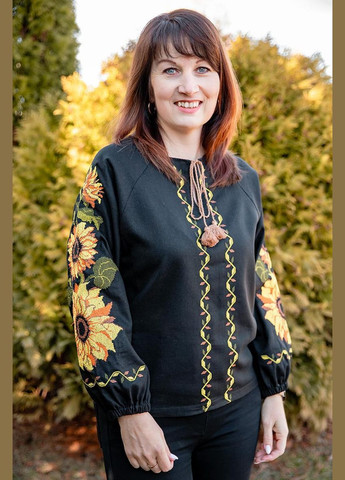 Чорна чорна вишиванка жіноча з соняхами довгий рукав льон вишивка хрестиком контрастна, xs льон (326520189)