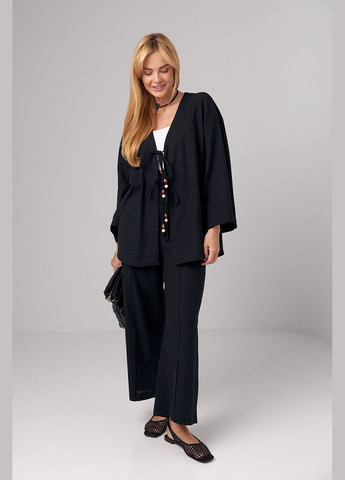 Льняной костюм с прямыми штанами и рубашкой на завязках - молочный Lurex (297574717)