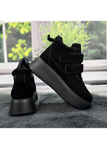 Зимние ботинки женские зимние черные замшевые на липучках Hengji из натуральной замши