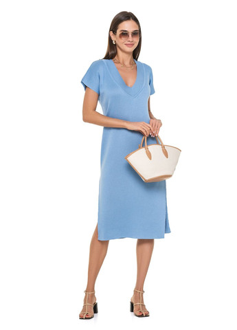 Голубое свободное трикотажное платье с v-образным вырезом SVTR