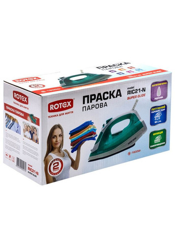 Гладильный утюг RIC21-N Super Glide Антипригарное покрытие 1600Вт Вертикальное отпаривание Бело-Зеленый Rotex (351361313)
