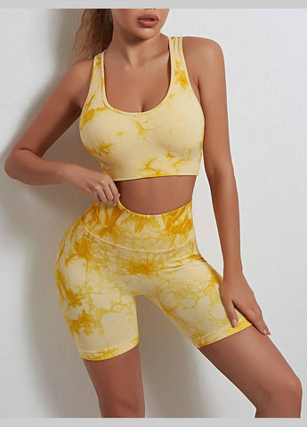 Спортивний костюм з мармуровим принтом (топ та шорти) жовтого кольору, розмір S Trends (330756928)