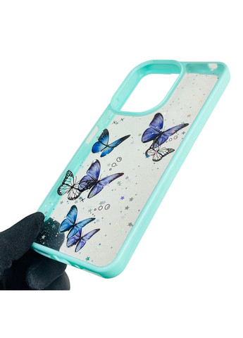 Чохол для POCO C65 з блискітками з метеликами на сяомі поко с65 бірюзовий Xiaomi (366389926)