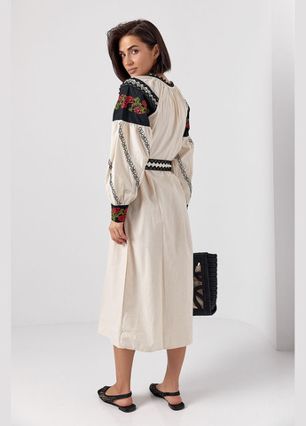 Бежева жіноча сукня міді з вишитими трояндами Lurex