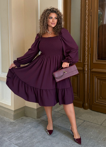 Бордова святковий, коктейльна, вечірня сукня міді з євро-софту з довгими рукавами та воланом дзвін, з відкритими плечима No Brand однотонна