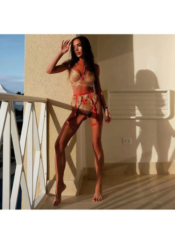 Золотистий демісезонний мереживний комплект із поясом. еротичний жіночий мереживний комплект білизни золотого кольору в комплекті пояс та підв'язки No Brand