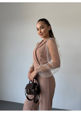 Комбінезон жіночий елегантний Style Point комбінезон-брюки однотонний бежевий святковий, діловий, кежуал креп-дайвінг