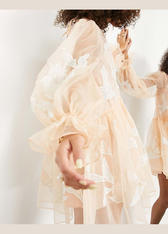 Бежева сукня міні пишна з вишивкою із органзи Asos