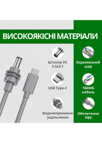 Кабель живлення Type-C to DC 5 метрів для підключення роутера до повербанку чи зарядної станції 5.5x2.1мм 100W 5A, 3309956 Lem Berger (368801662)