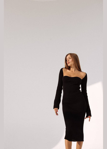 Чорна святковий, повсякденний, кежуал, вечірня міді сукня в рубчик з квадратним вирізом силуетна Україна однотонна