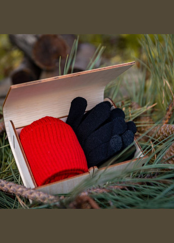 Подарочный набор для девушки женская Шапка в рубчик Red и Перчатки в деревянной коробке Лео (276536046)