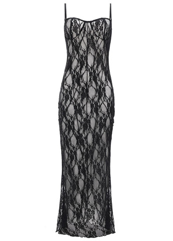 Черное откровенный платье кружевное макси силуэтная Shape of Angel с цветочным принтом