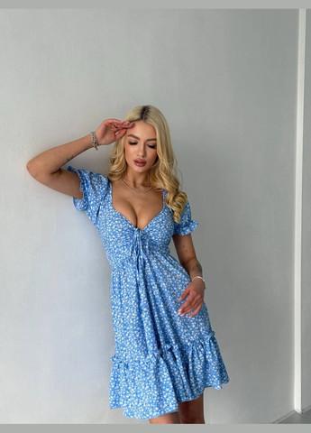 Блакитна сукня софт з коротким рукавом та завʼязках на грудях No Brand