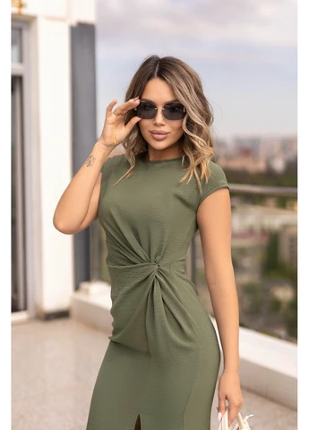 Оливкова (хакі) сукня міді з розрізом на нозі Fashion