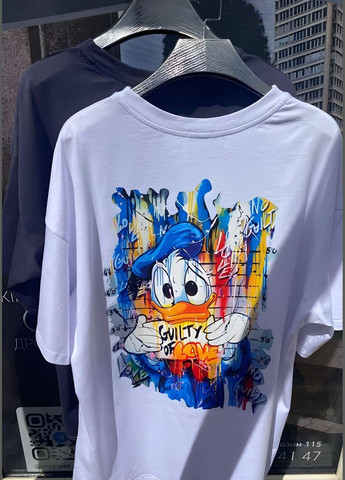 Женская качественная черная футболка оверсайз с принтом дональд дак donald duck хлопок Україна - (339402856)