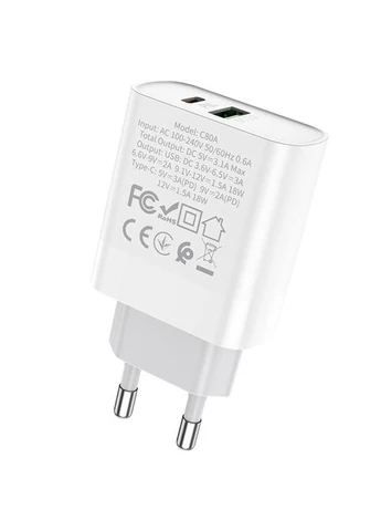ЗУ C80A (1USB 3A QC3.0 + 1 PD Type- C 20W) + PD кабель Type- C to Lightning white Hoco (400059239)