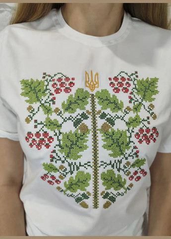Белая женская футболка вышиванка калина в белом цвете НоКо узор орнамент свободная, прямой хлопок, эластан (313436288)