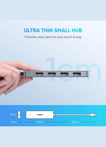 УЦЕНКА! USB-хаб CM219 USB Type-C to USB 3.0 hub 15см портативный тонкий 4-портовый Black (70336) Ugreen (316132016)