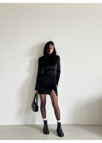 Чорна сукня 836 велюрова міні з розміром,та рукавами Україна