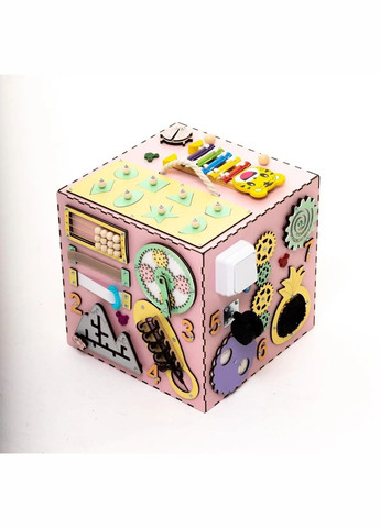 Дитячий ігровий розвиваючий бізікуб з дерева для дівчаток Рожевий 30х30х30 см Handmade 213-001-004 (346085175)