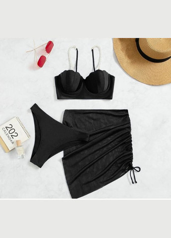 Чорний демісезонний купальник роздільний чорний із лямками-перлинками + спідниця роздільний No Brand 4378