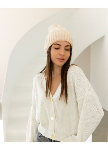 Жіноча в’язана шапка біні класік 20% вовна з відворотом Світло Бежевий No Brand (361309601)