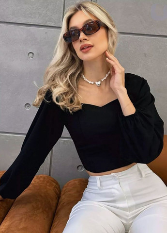Чёрная укороченная блузка с длинным рукавом фонарик Україна