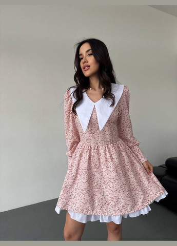 Пудровое повседневный платье мини с отложным воротником и объемными рукавами клеш MonCher с цветочным принтом