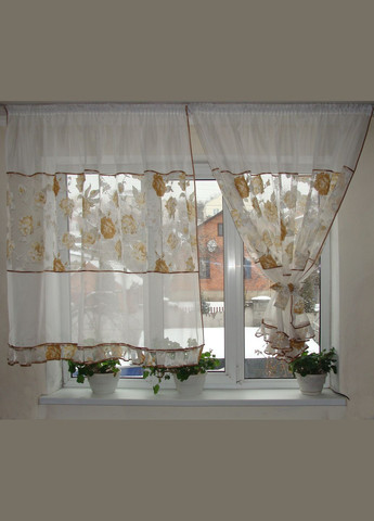 Комплект тюль до подоконника Розы с рюшей 2шт карниз 250см молочный с оранжевым рисунком (19_3а) Firanka Flowers (332211939)