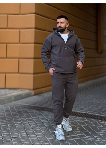 Графітовий зимній чоловічий теплий флісовий костюм із капюшоном брючний No Brand