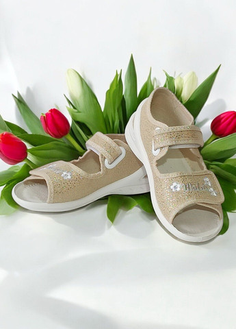 Золотые текстильные босоножки открытые ортопедические тапочки для девочки валди Waldi со стразами, с вышивкой