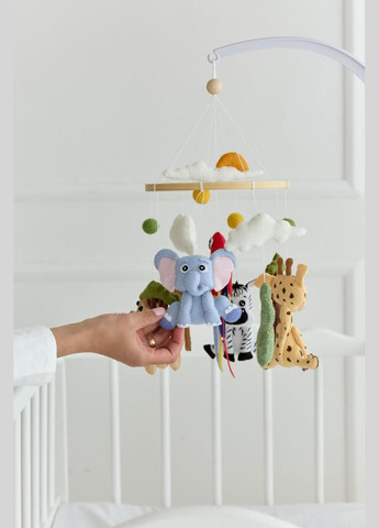 Дитячий музичний мобіль на ліжечко WoollyFox "Теплі пригоди: слон, жирафа, папуга, лев і зебра" No Brand (342757984)