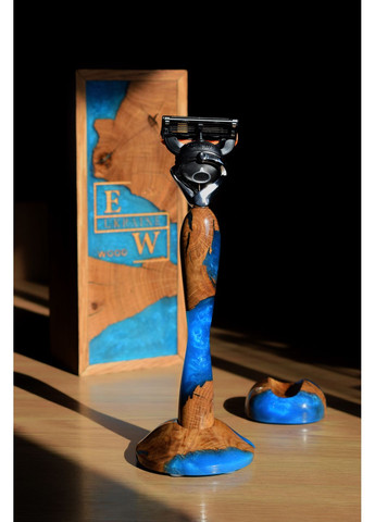 Набір подарунковий Станок для гоління Синій перламутр Коробка зі смолою EpoxyWood Ukraine Округла (360898034)