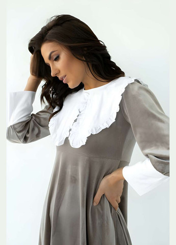 Сіра повсякденний, кежуал, коктейльна, вечірня жіноча коротка велюрова міні сукня з білим комірцем baby doll Україна однотонна