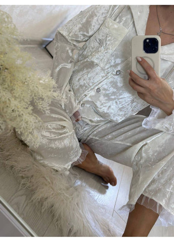 Молочная всесезон пижама из мраморного велюра — замеры в описании рубашка + брюки DK/DL Мода без кордонів