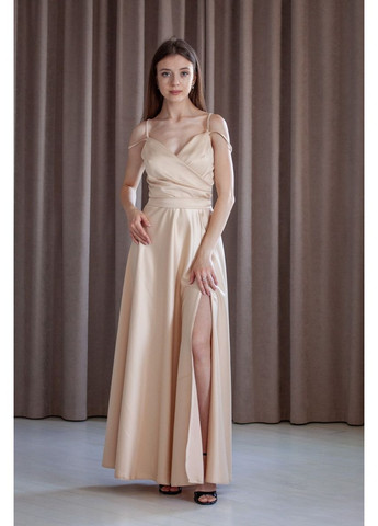 Бежевое вечернее платье а-силуэт First Woman однотонное
