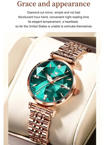Годинник жіночий 5536 Rose Green з кристалами і металевим браслетом Olevs (358651021)
