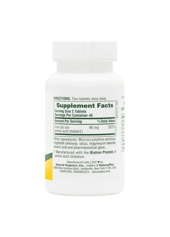 Вітаміни та мінерали Iron 40 mg, 90 таблеток Natures Plus (293341376)