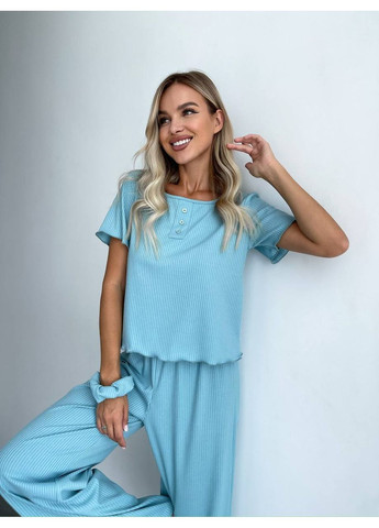 Мятная всесезон женский домашний комплект тройка (топ+резинка+штаны) Fashion