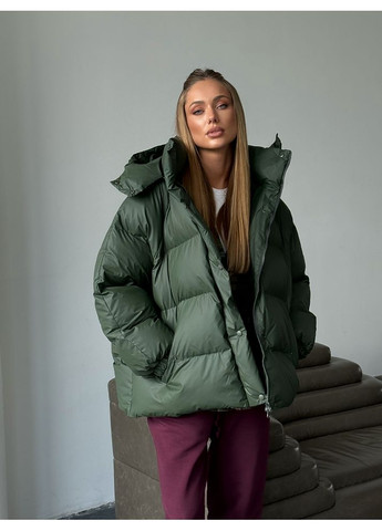 Оливковая зимняя женская куртка пуфер irish с карманами и съемным капюшоном (mil631) milirud