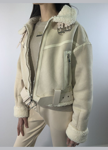 Дублёнка женская, светло молочного цвета, укорочённая на замке впереди Kor@Kor (278234431)