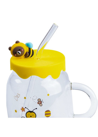 Чашка скляна 500 мл із силіконовою кришкою та трубочкою Happy Life (326066399)