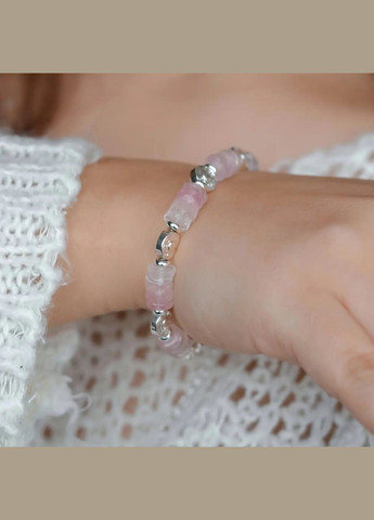 Браслет натуральний Рожевий Кварц + вставки, фур-ра гіп-ний сплав колір срібло d-7мм+- L-19-24см No Brand Браслет (302678888)