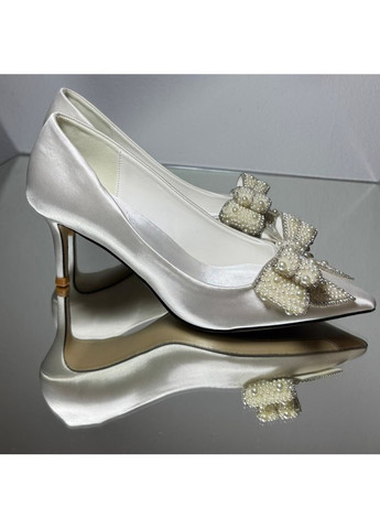 No Brand Жіночі туфлі сатинові весільні для нареченої з бантом із перлів 7,5 см білий з текстиль, — (351394391)