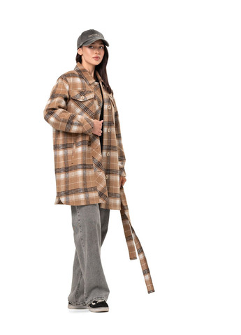 Песочное демисезонное Пальто-рубашка Рикки кэмел клетка (Рубашечная ткань-три полосы) Emass